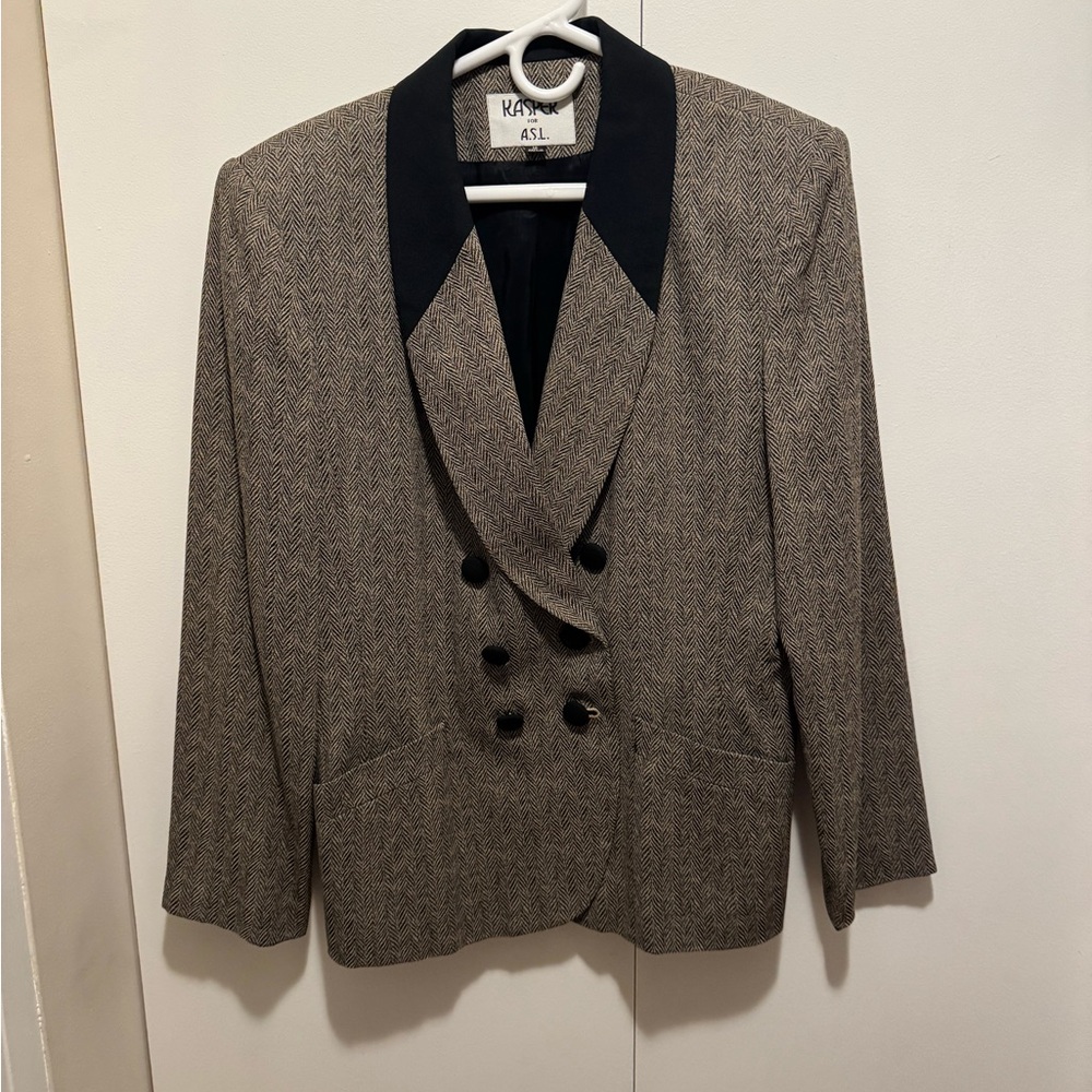 Vintage Kasper Women's Herringbone Blazer - Black and Brown